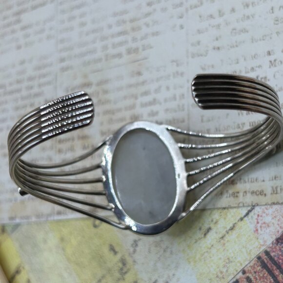 Sterling Silver Wide Bold White Stone Red Garnet Cuff Bracelet Marked 925 - Picture 11 of 14